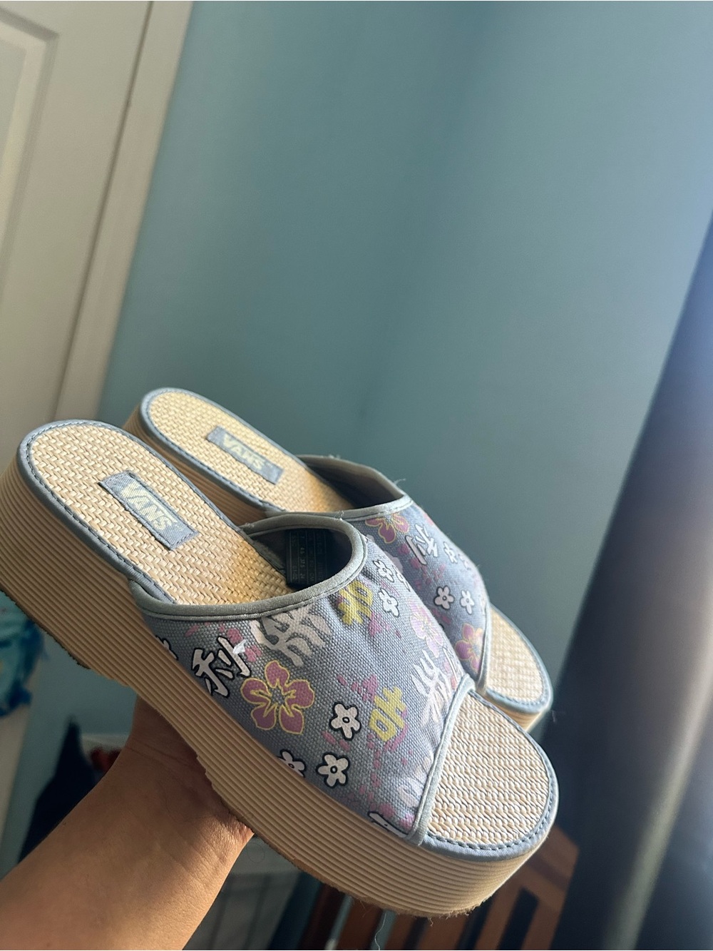 Vans Light Blue Floral Platform Slide Mules